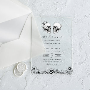 Invitaciones Acrílicas Boda floral oscura negra gótica de cráneo hasta la