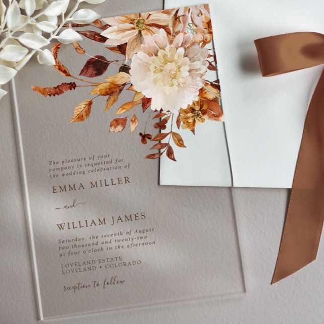 Invitaciones Acrílicas Boda Floral Otoñal Acuarela Rústica (Terracotta Watercolor Floral Boho Fall Wedding Acrylic Invitations by Painted Paperie
)