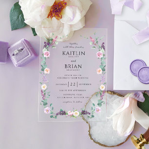 Invitaciones Acrílicas Boda floral pastel de lavanda púrpura elegante