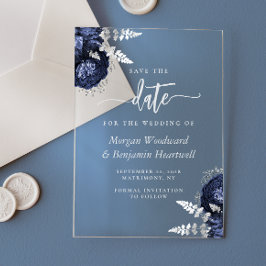 Invitaciones Acrílicas Boda floral plateada azul marino Save the Date