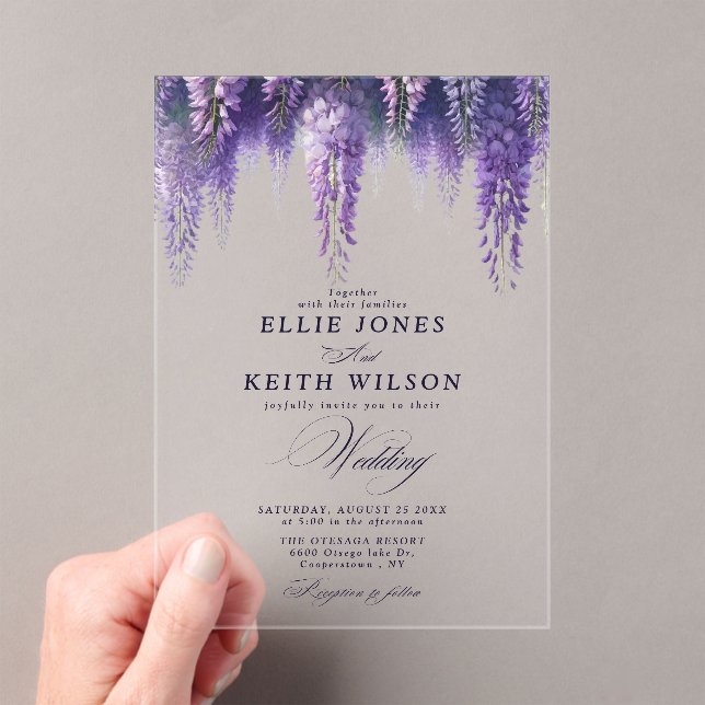 Invitaciones Acrílicas Boda floral púrpura transparente caprichosa (Insitu (portátil))