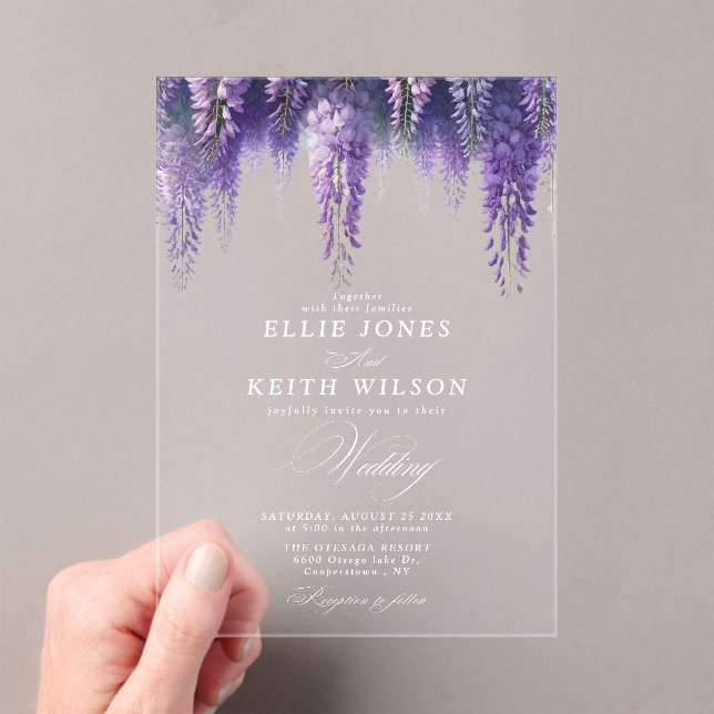 Invitaciones Acrílicas Boda floral púrpura transparente caprichosa (Insitu (portátil))