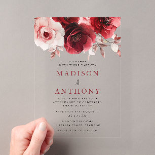 Invitaciones Acrílicas Boda Floral Radiante de Lujo con Vino Tinto Rubí