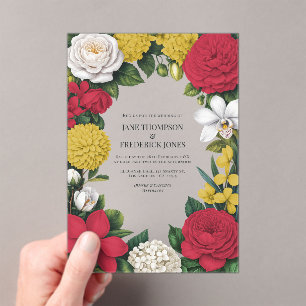 Invitaciones Acrílicas Boda floral roja, blanca y dorada