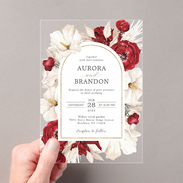 Invitaciones Acrílicas Boda floral roja rubí y blanca (Insitu (portátil))