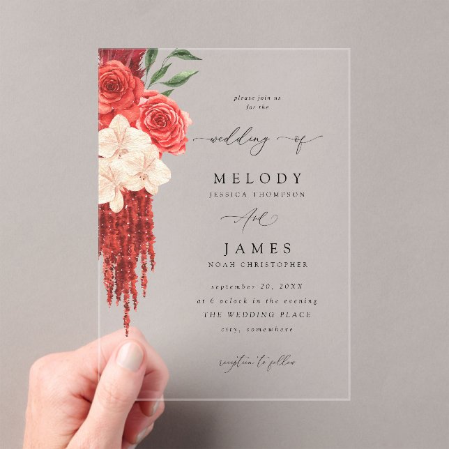 Invitaciones Acrílicas Boda Floral Roja V2 (Insitu (portátil))