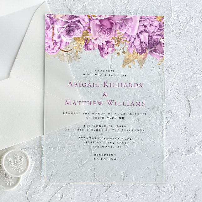 Invitaciones Acrílicas Boda Floral Romántica Lilac Gold (Subido por el creador)