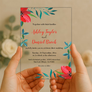 Invitaciones Acrílicas Boda floral romántico de rosa roja