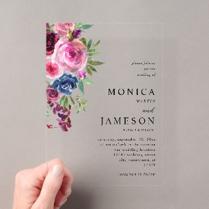Invitaciones Acrílicas Boda floral rosa caliente y azul marino 3
