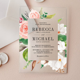 Invitaciones Acrílicas Boda floral rosa de magnolia blanca