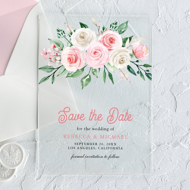 Invitaciones Acrílicas Boda floral rosa de Rubor salva la fecha (Subido por el creador)