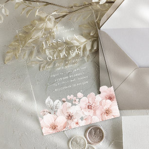 Invitaciones Acrílicas Boda Floral Rosa Diseñador Todas las Estaciones