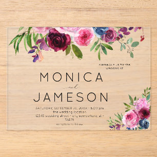 Invitaciones Acrílicas Boda floral rosa intenso y azul marino 2