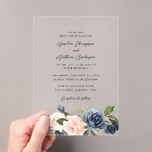 Invitaciones Acrílicas Boda floral rosa oro navy exuberante