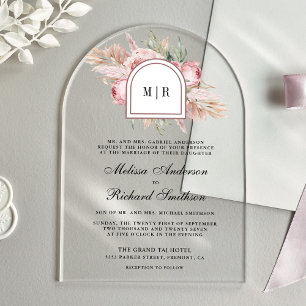 Invitaciones Acrílicas Boda Floral Rosa Polvoriento Suave de Pampas