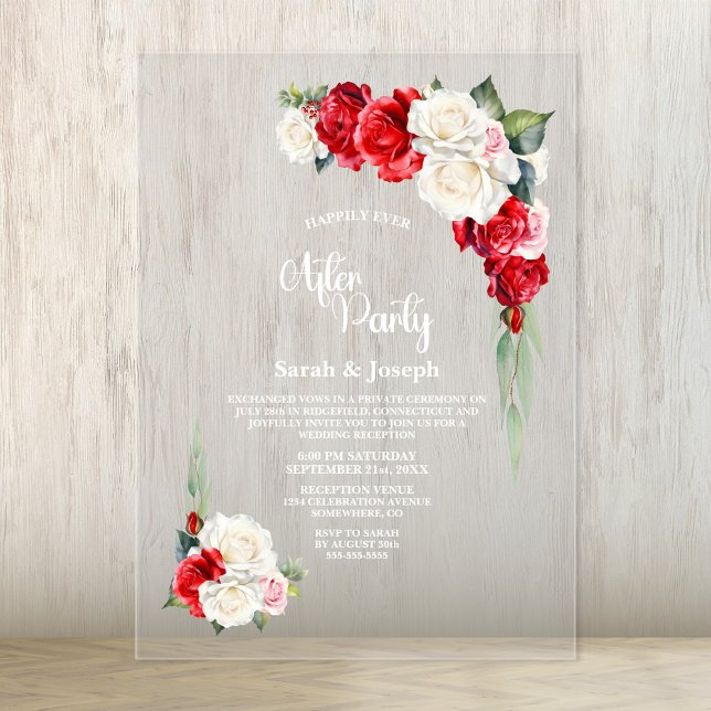 Invitaciones Acrílicas Boda Floral Rosa Roja Después De Fiesta (Subido por el creador)