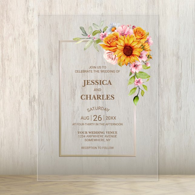 Invitaciones Acrílicas Boda floral rosa rosa de girasol (Subido por el creador)