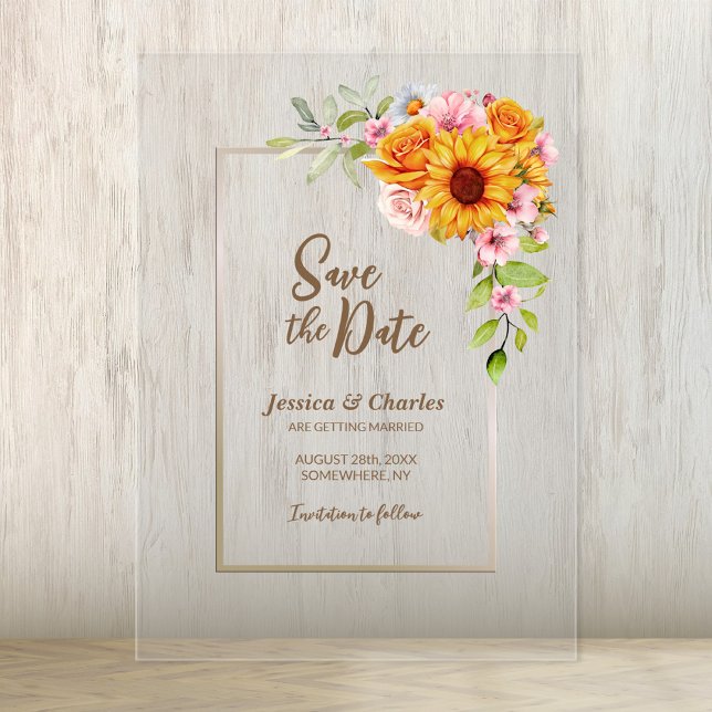 Invitaciones Acrílicas Boda floral rosa rosa de girasol salva la fecha (Subido por el creador)