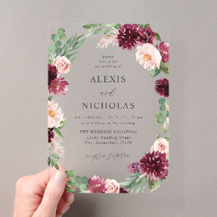 Invitaciones Acrílicas Boda floral rosa y burgundy 7