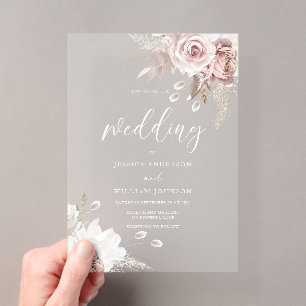 Invitaciones Acrílicas Boda Floral Rosa y Rosa Polvorienta Helada