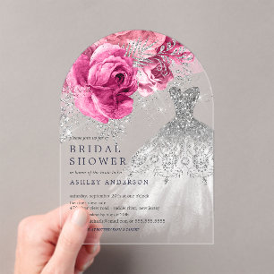 Invitaciones Acrílicas Boda floral rosado y plateado Vestido de novia duc