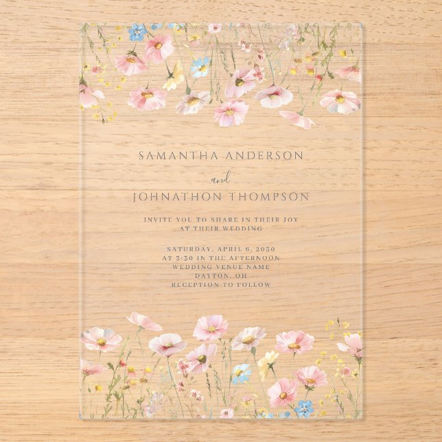 Invitaciones Acrílicas Boda floral Rubor Pink Wildflower (Anverso)