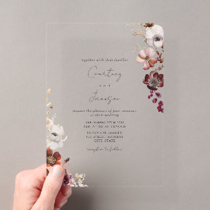Invitaciones Acrílicas Boda floral rústica borgoña rubor
