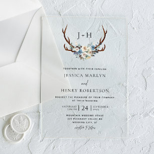 Invitaciones Acrílicas Boda Floral Rústica Chic Ciervo Cuerna