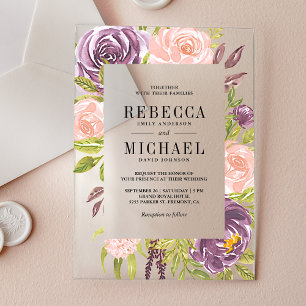 Invitaciones Acrílicas Boda Floral Rústica con Tono Rosa y Púrpura