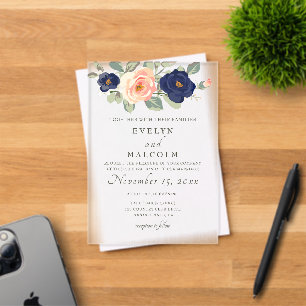 Invitaciones Acrílicas Boda Floral Rústica de Campo en Azul Marino y Melo