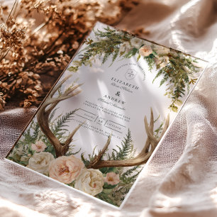Invitaciones Acrílicas Boda Floral Rústica de Ciervo en el Bosque