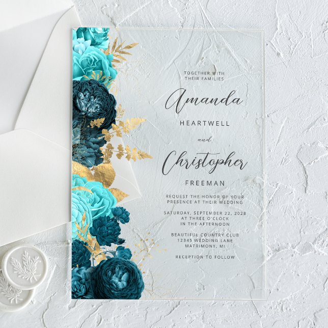 Invitaciones Acrílicas Boda Floral Script Aqua Teal Dorado (Subido por el creador)