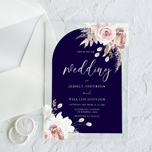 Invitaciones Acrílicas Boda floral sonrosada con arco de navy profundo
