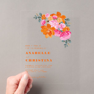 Invitaciones Acrílicas Boda floral transparente de acuarela naranja rosa