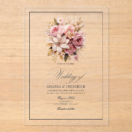 Invitaciones Acrílicas Boda floral transparente rosa y dorada
