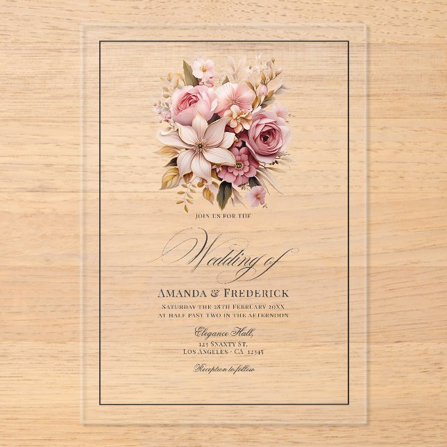 Invitaciones Acrílicas Boda floral transparente rosa y dorada (Anverso)