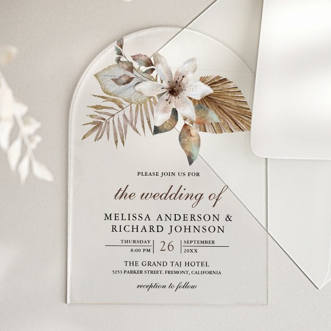 Invitaciones Acrílicas Boda floral tropical boho de palma seca (Subido por el creador)