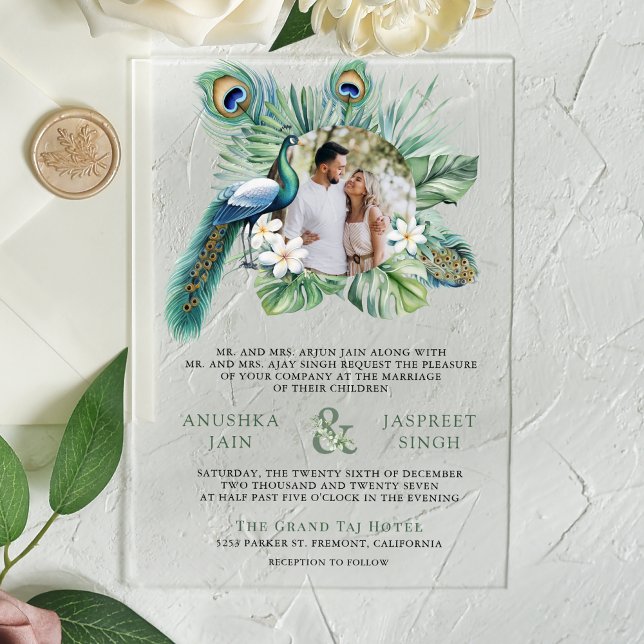 Invitaciones Acrílicas Boda Floral Tropical Indio Peacock (Subido por el creador)