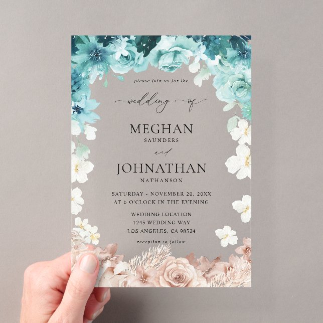 Invitaciones Acrílicas Boda floral turquesa y rosa rubor (Insitu (portátil))