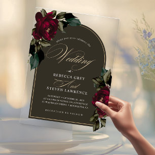 Invitaciones Acrílicas Boda Floral Verde Rojo Oscuro Acrílico