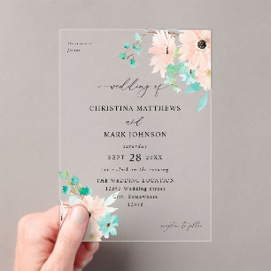 Invitaciones Acrílicas Boda floral verde y rosa de menta