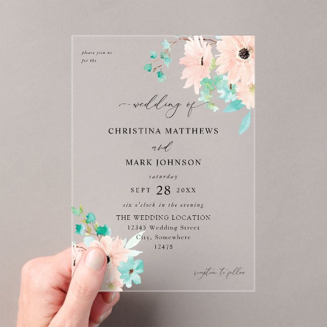 Invitaciones Acrílicas Boda floral verde y rosa de menta (Insitu (portátil))