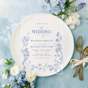 Invitaciones Acrílicas Boda floral victoriana en azul francés chinoiserie