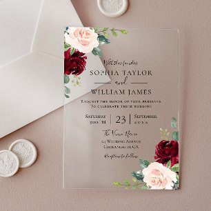 Invitaciones Acrílicas Boda Floral Vino Burgundy y Rubor