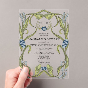 Invitaciones Acrílicas Boda floral vintage art nouveau azul marino polvor