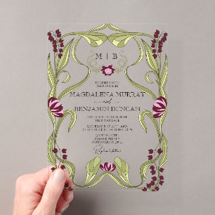 Invitaciones Acrílicas Boda floral vintage Art Nouveau rosa Borgoña