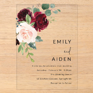 Invitaciones Acrílicas Boda floral y de vino tinto Borgoña