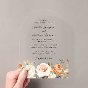 Invitaciones Acrílicas Boda Florales Botánicos Naranja Quemado Rústico Ar