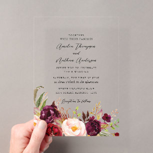 Invitaciones Acrílicas Boda Florales Botánicos Rústicos de Borgoña Claro