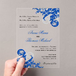 Invitaciones Acrílicas Boda florido azul y plateado real